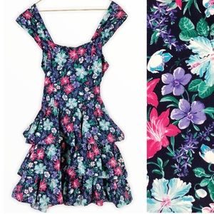 VINTAGE Floral Print Tiered Sweetheart Dress